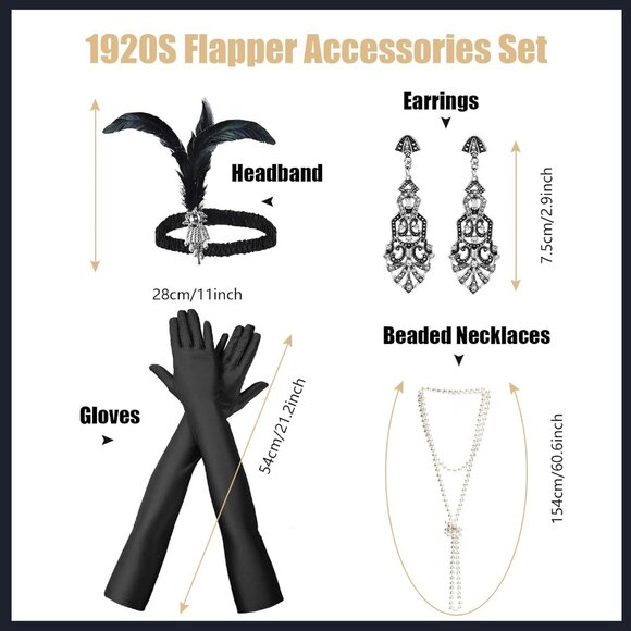 Women 1920s Flapper Set with Headband Beaded Necklaces Earrings Gloves for Vinta - Picture 2 of 7